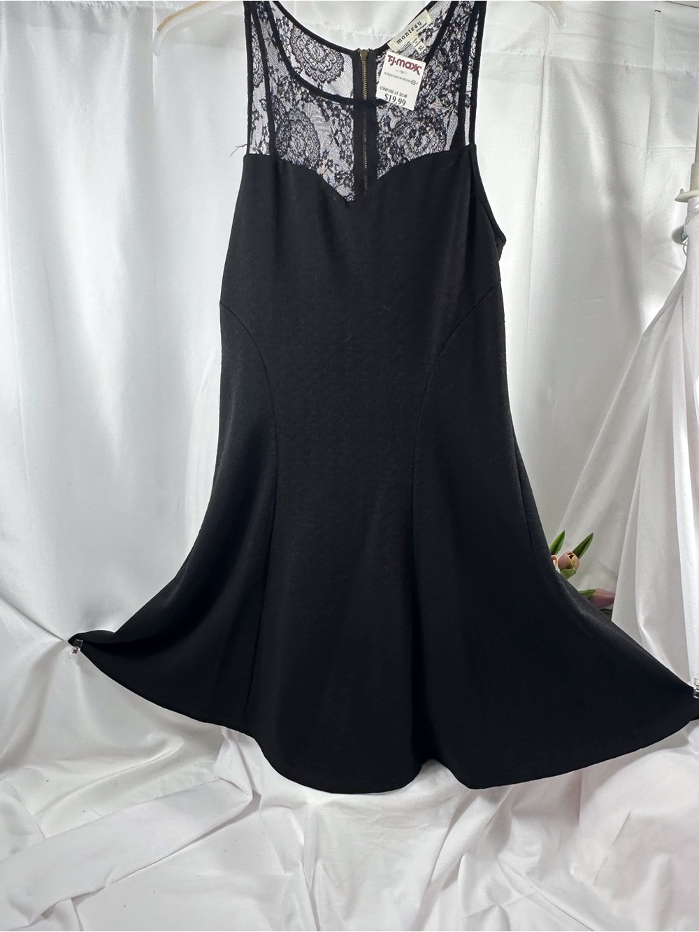 NWT, Black cocktail, lace overlay, fit and flare sleeveless, exposed zipper